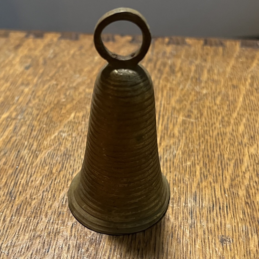 VINTAGE INDIA 2.75"H x 1.25"W SMALL ETCHED BRASS WEDDING BELL SARNA DESIGN